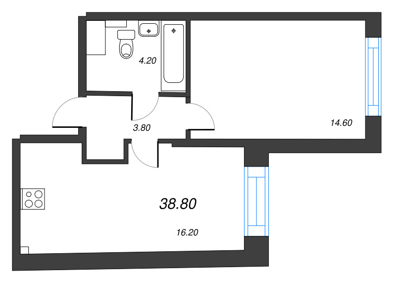 2-комнатная (Евро) квартира, 38.8 м² в ЖК "Измайловский" - планировка, фото №1