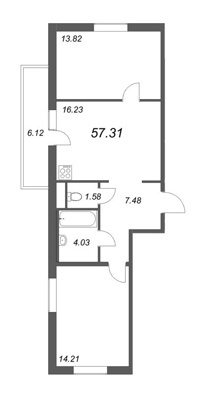 3-комнатная (Евро) квартира, 57.31 м² в ЖК "Новые горизонты" - планировка, фото №1