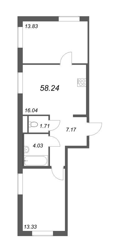 3-комнатная (Евро) квартира, 58.24 м² - планировка, фото №1
