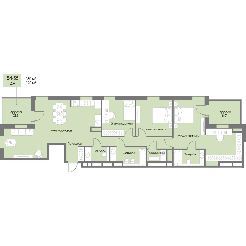 4-комнатная (Евро) квартира, 120 м² в ЖК "Рощино Residence" - планировка, фото №1