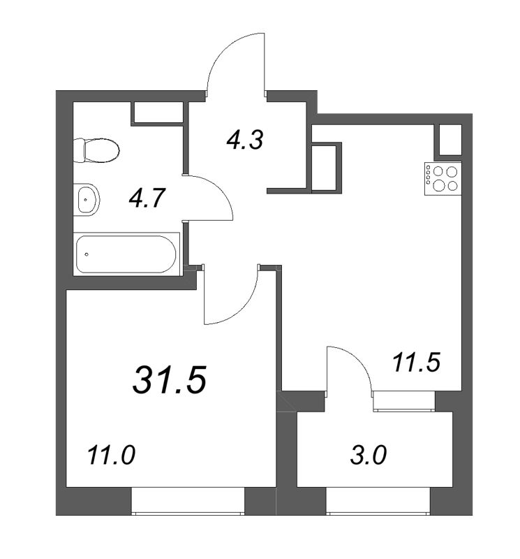 1-комнатная квартира, 31.5 м² в ЖК "Куинджи" - планировка, фото №1