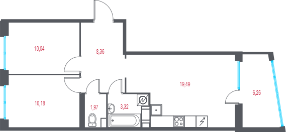 3-комнатная (Евро) квартира, 56.49 м² в ЖК "Город-спутник Южный" - планировка, фото №1