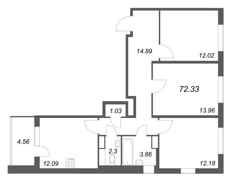 3-комнатная квартира, 72.33 м² в ЖК "ЮгТаун" - планировка, фото №1