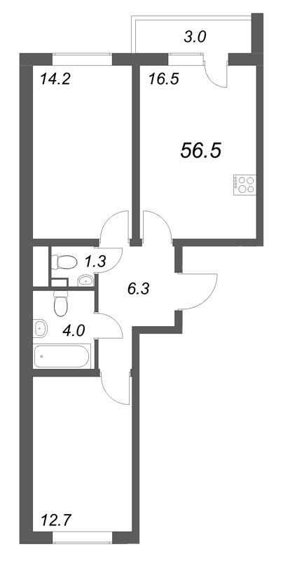 3-комнатная (Евро) квартира, 56.5 м² в ЖК "Ручьи" - планировка, фото №1