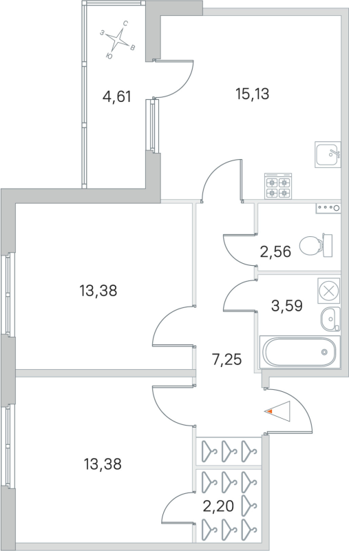 3-комнатная (Евро) квартира, 57.49 м² в ЖК "Любоград" - планировка, фото №1