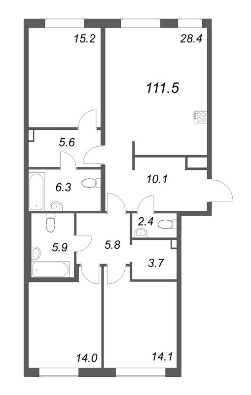 4-комнатная (Евро) квартира, 111.5 м² в ЖК "Визионер" - планировка, фото №1