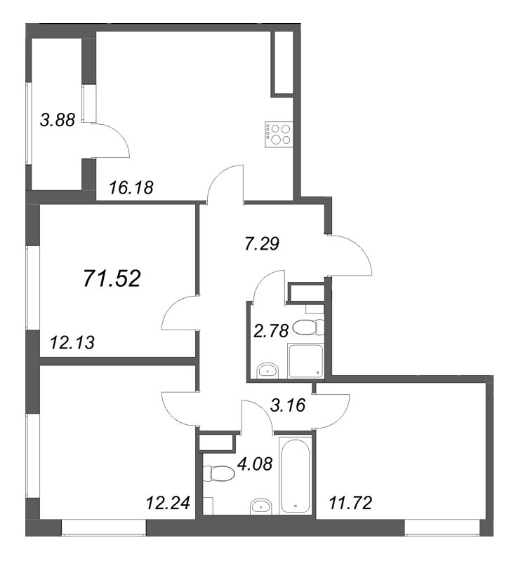 4-комнатная (Евро) квартира, 71.52 м² в ЖК "Гранат" - планировка, фото №1