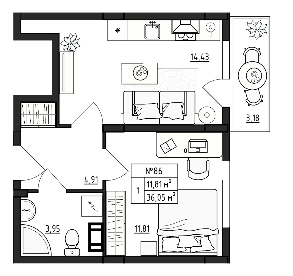 1-комнатная квартира, 36.05 м² - планировка, фото №1