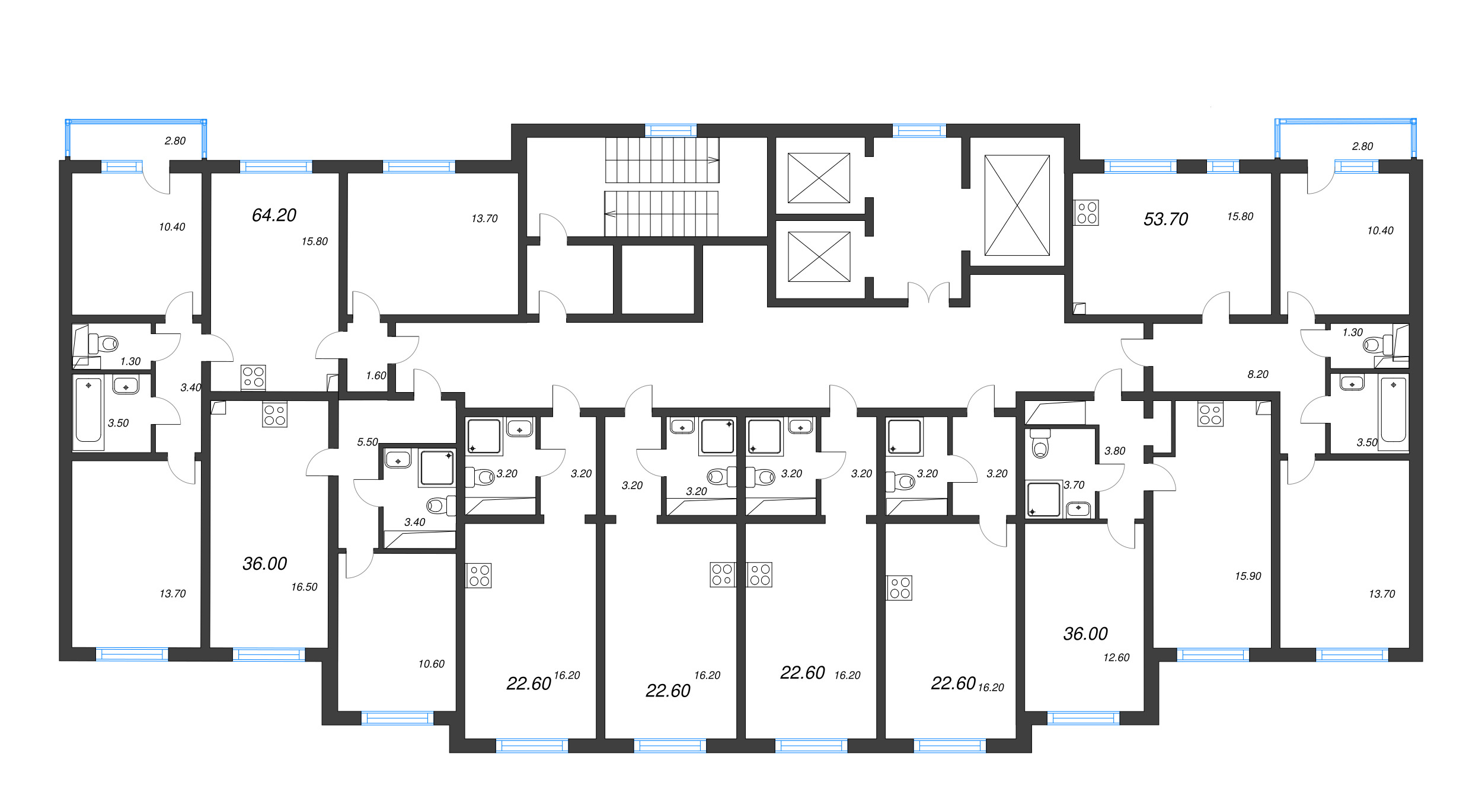 3-комнатная (Евро) квартира, 64.2 м² в ЖК "Ручьи" - планировка этажа