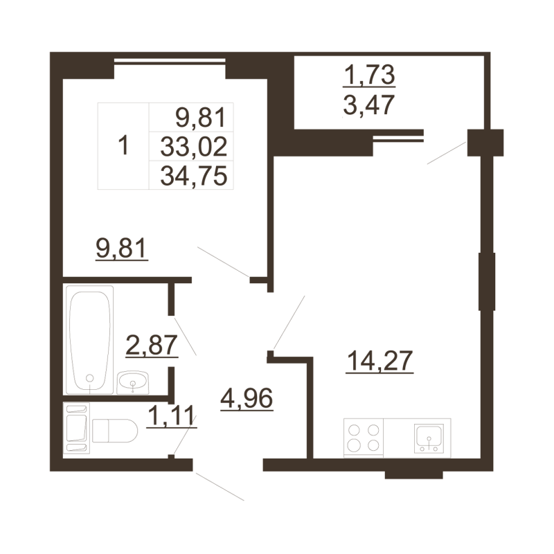 1-комнатная квартира, 34.75 м² - планировка, фото №1