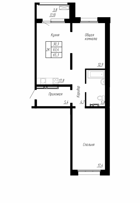 3-комнатная (Евро) квартира, 65.3 м² в ЖК "Сибирь" - планировка, фото №1