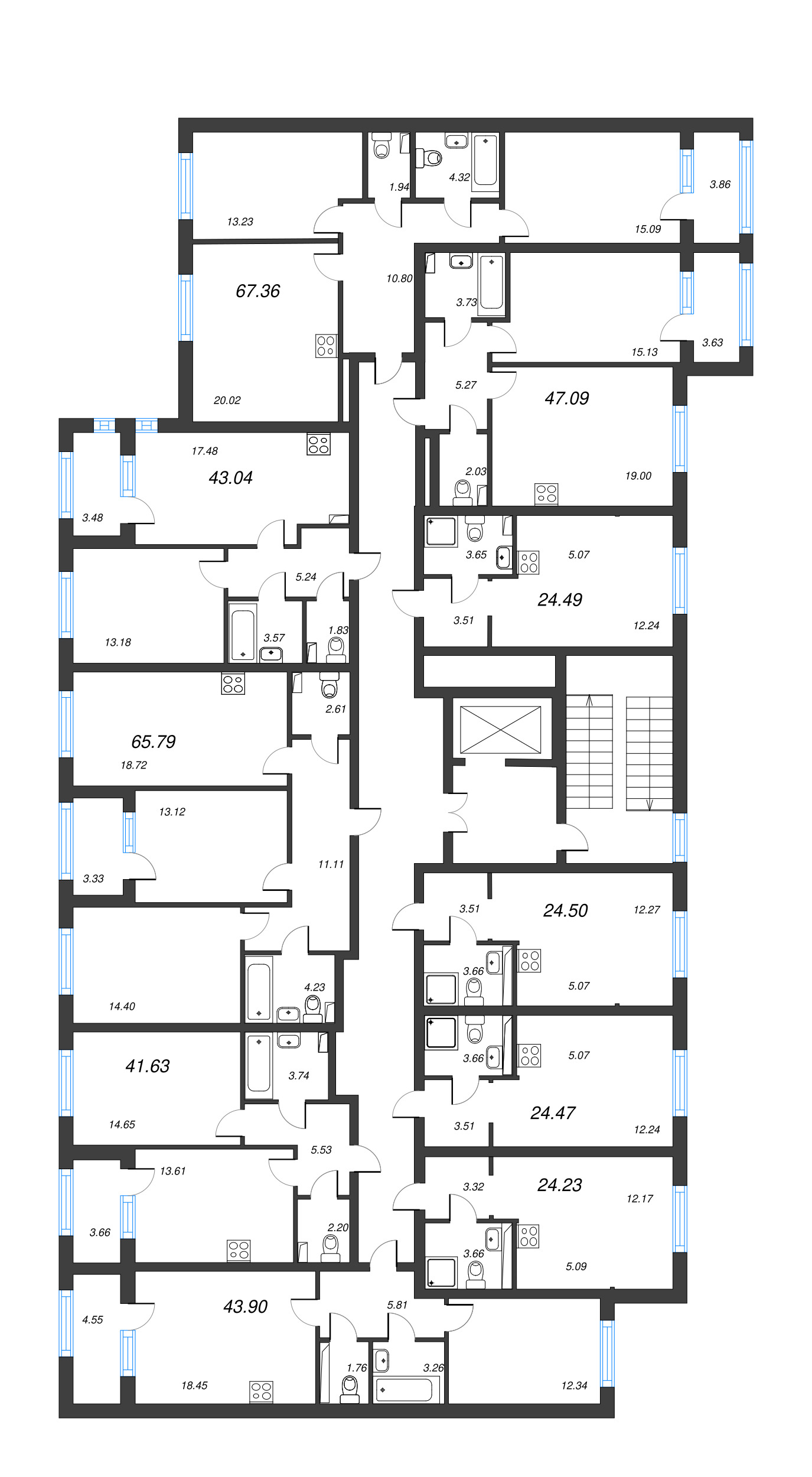 2-комнатная (Евро) квартира, 43.04 м² - планировка этажа