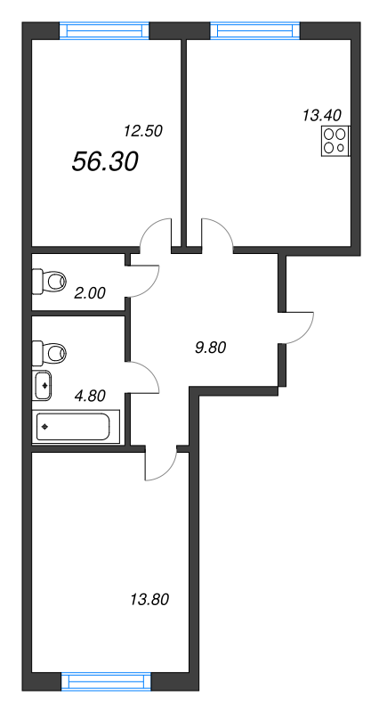 2-комнатная квартира, 56.3 м² в ЖК "Монография" - планировка, фото №1