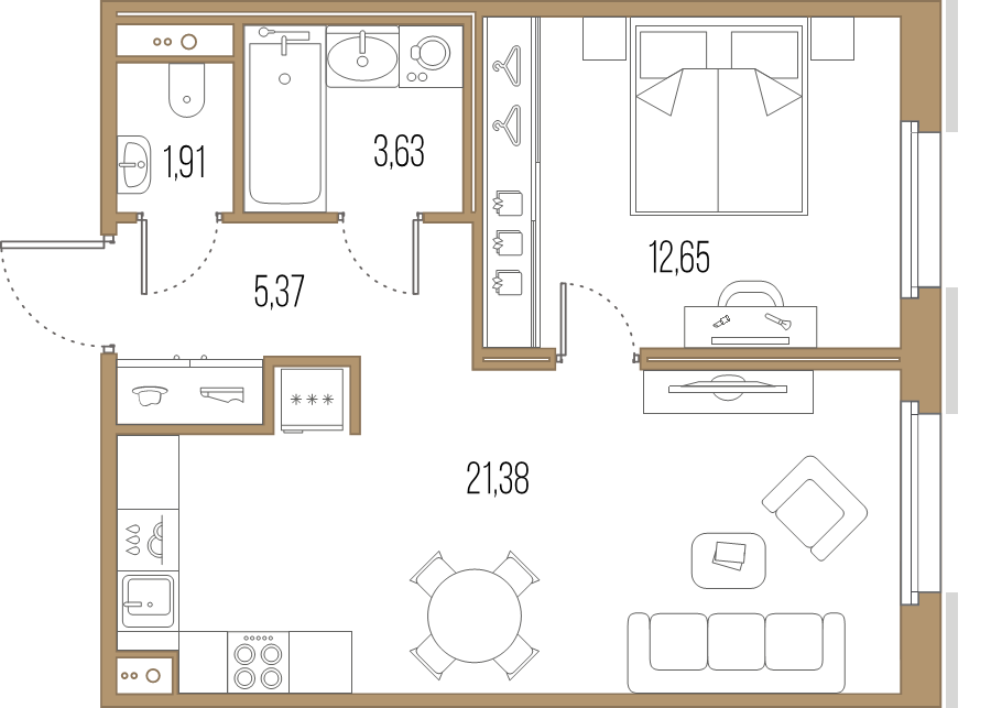 2-комнатная (Евро) квартира, 44.94 м² в ЖК "Большой Сампсониевский, 32" - планировка, фото №1