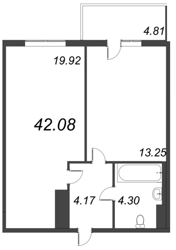 2-комнатная (Евро) квартира, 42.08 м² - планировка, фото №1