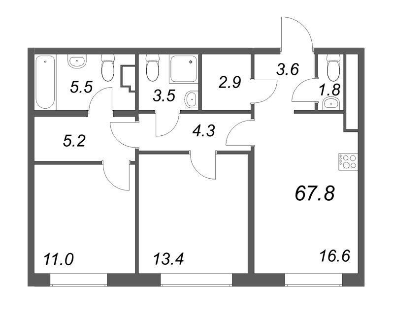 3-комнатная (Евро) квартира, 67.8 м² в ЖК "Визионер" - планировка, фото №1