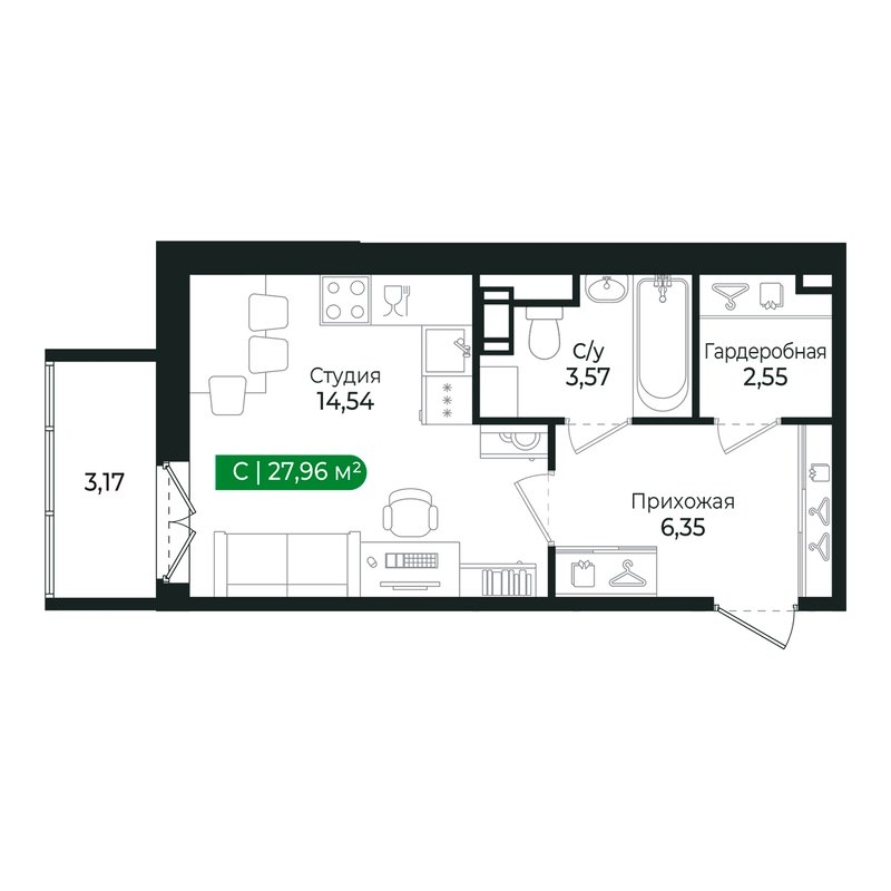 Квартира-студия, 26.8 м² в ЖК "Сертолово Парк" - планировка, фото №1