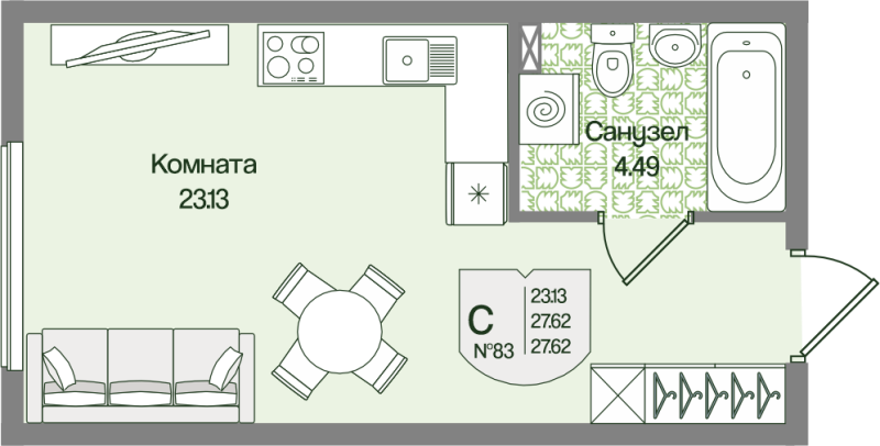 Квартира-студия, 27.62 м² в ЖК "Охтинские высоты" - планировка, фото №1