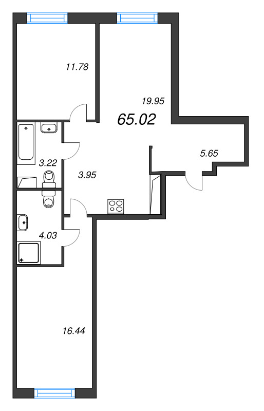 3-комнатная (Евро) квартира, 65.02 м² в ЖК "Окла" - планировка, фото №1
