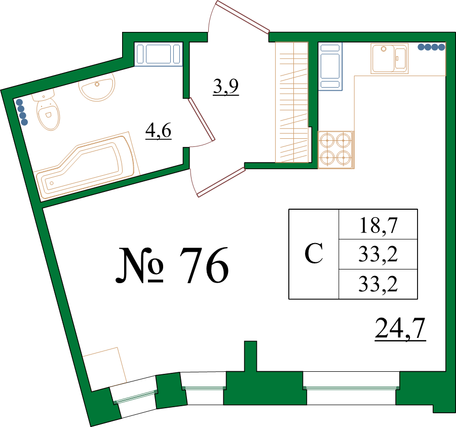 Квартира-студия, 33.2 м² в ЖК "Орловский Бульвар" - планировка, фото №1