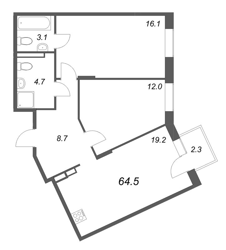 3-комнатная (Евро) квартира, 64.5 м² в ЖК "Экография" - планировка, фото №1