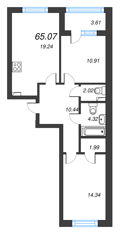 3-комнатная (Евро) квартира, 65.07 м² в ЖК "Кронфорт. Центральный" - планировка, фото №1