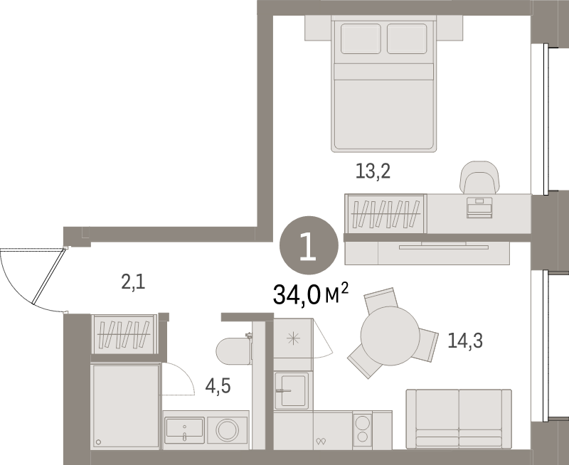 1-комнатная квартира, 34 м² в ЖК "Северный ветер" - планировка, фото №1