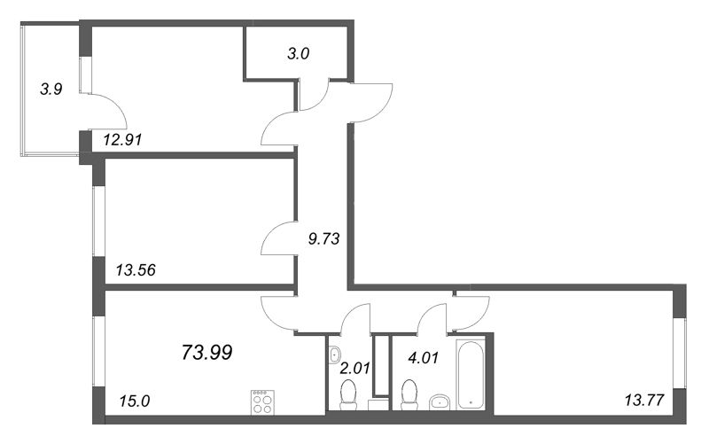 3-комнатная квартира, 73.99 м² - планировка, фото №1