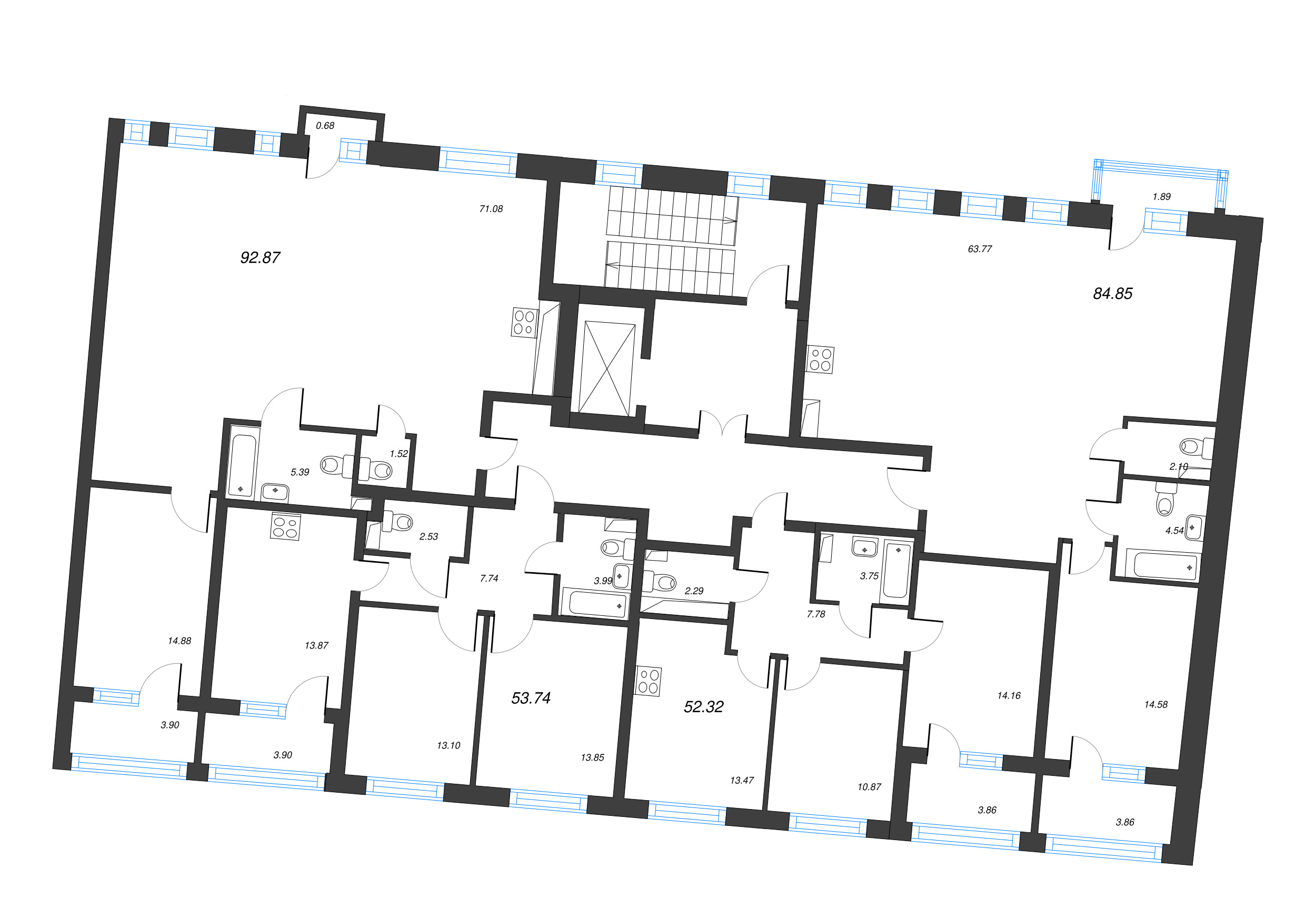 2-комнатная квартира, 55.69 м² в ЖК "Кронфорт. Центральный" - планировка этажа