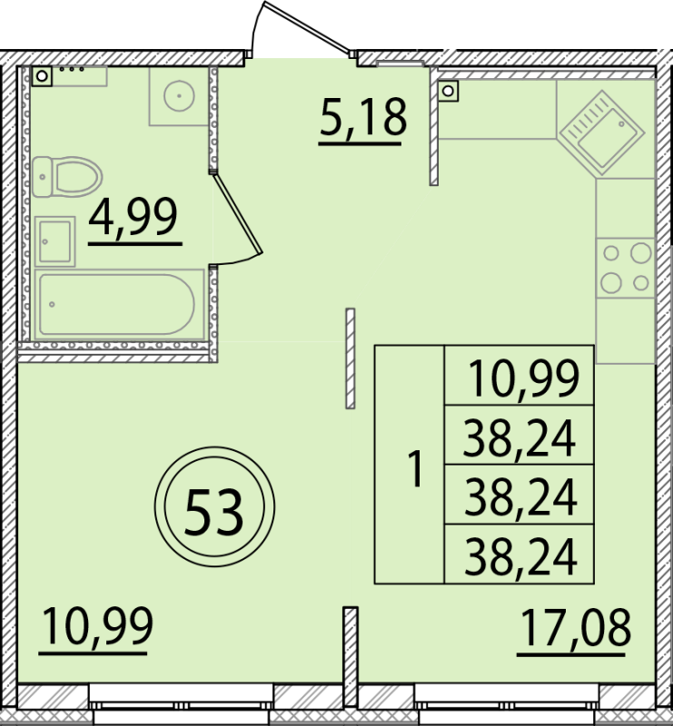2-комнатная (Евро) квартира, 38.24 м² - планировка, фото №1