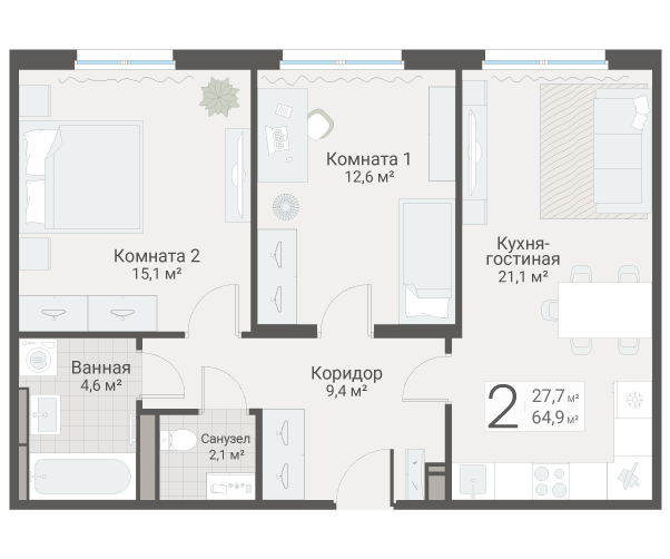 3-комнатная (Евро) квартира, 64.9 м² в ЖК "Руднева 15" - планировка, фото №1