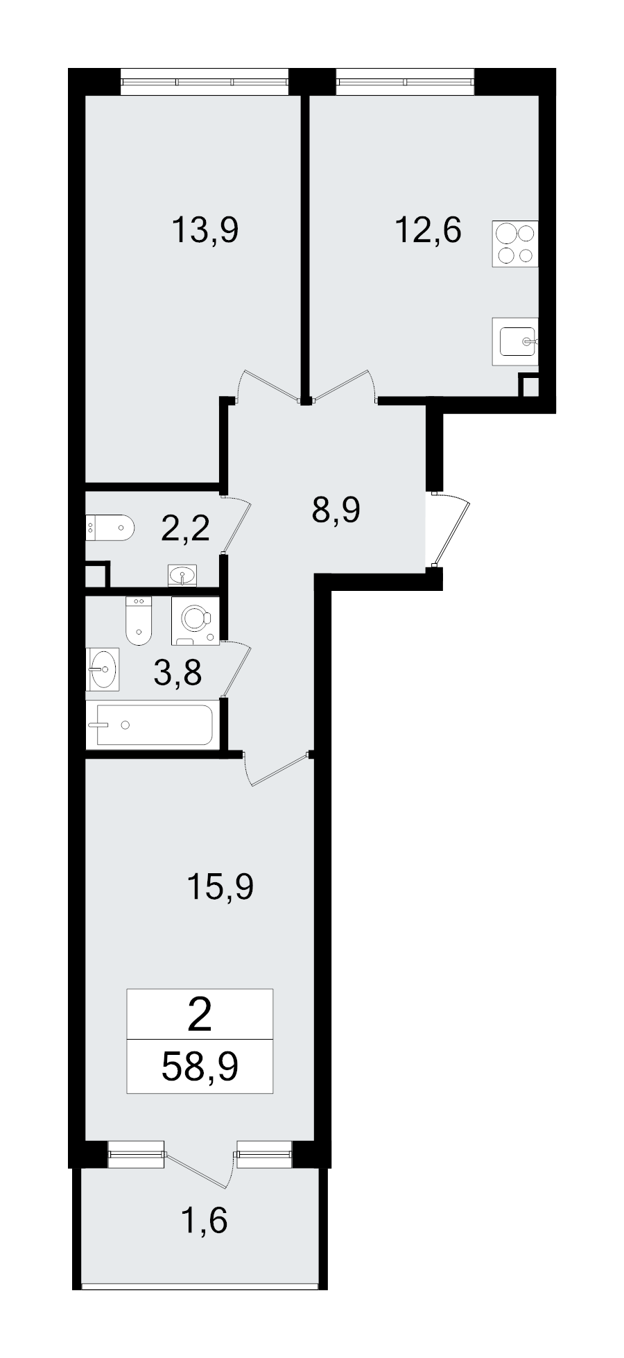 2-комнатная квартира, 58.9 м² - планировка, фото №1