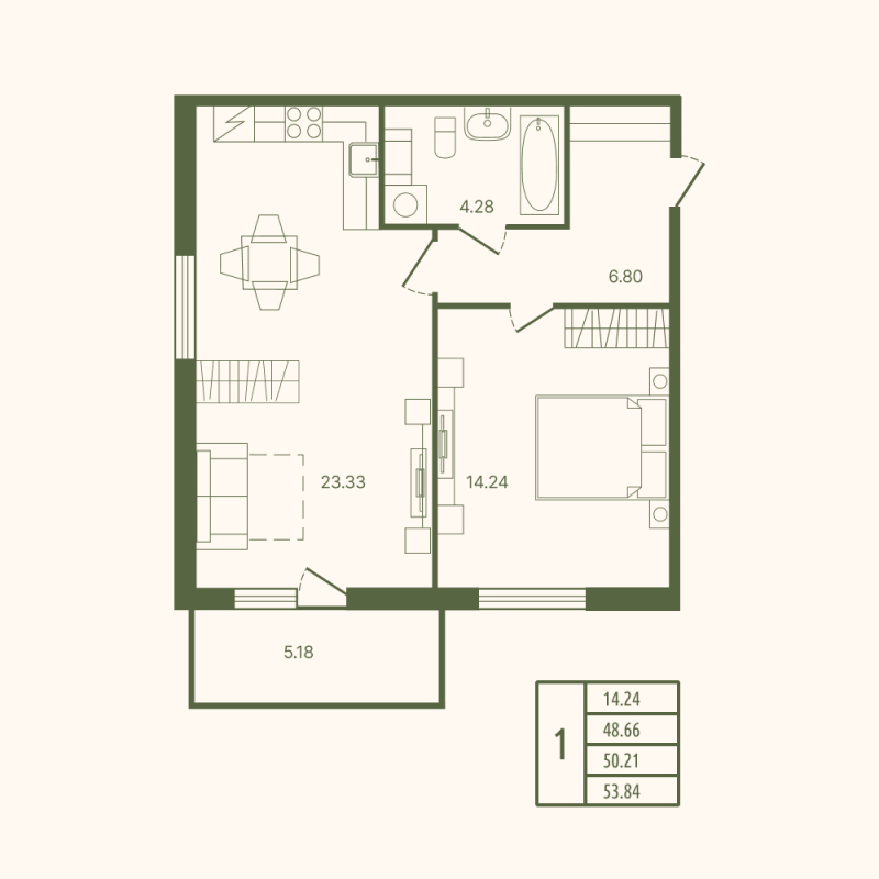 2-комнатная (Евро) квартира, 50.21 м² в ЖК "Рауни" - планировка, фото №1