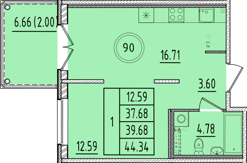 2-комнатная (Евро) квартира, 37.68 м² - планировка, фото №1
