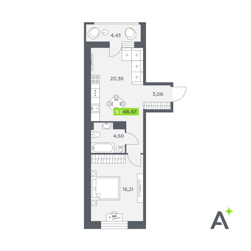 2-комнатная (Евро) квартира, 46.47 м² в ЖК "Аквилон РекаПарк" - планировка, фото №1