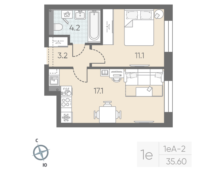 2-комнатная (Евро) квартира, 35.6 м² в ЖК "Большая Охта" - планировка, фото №1