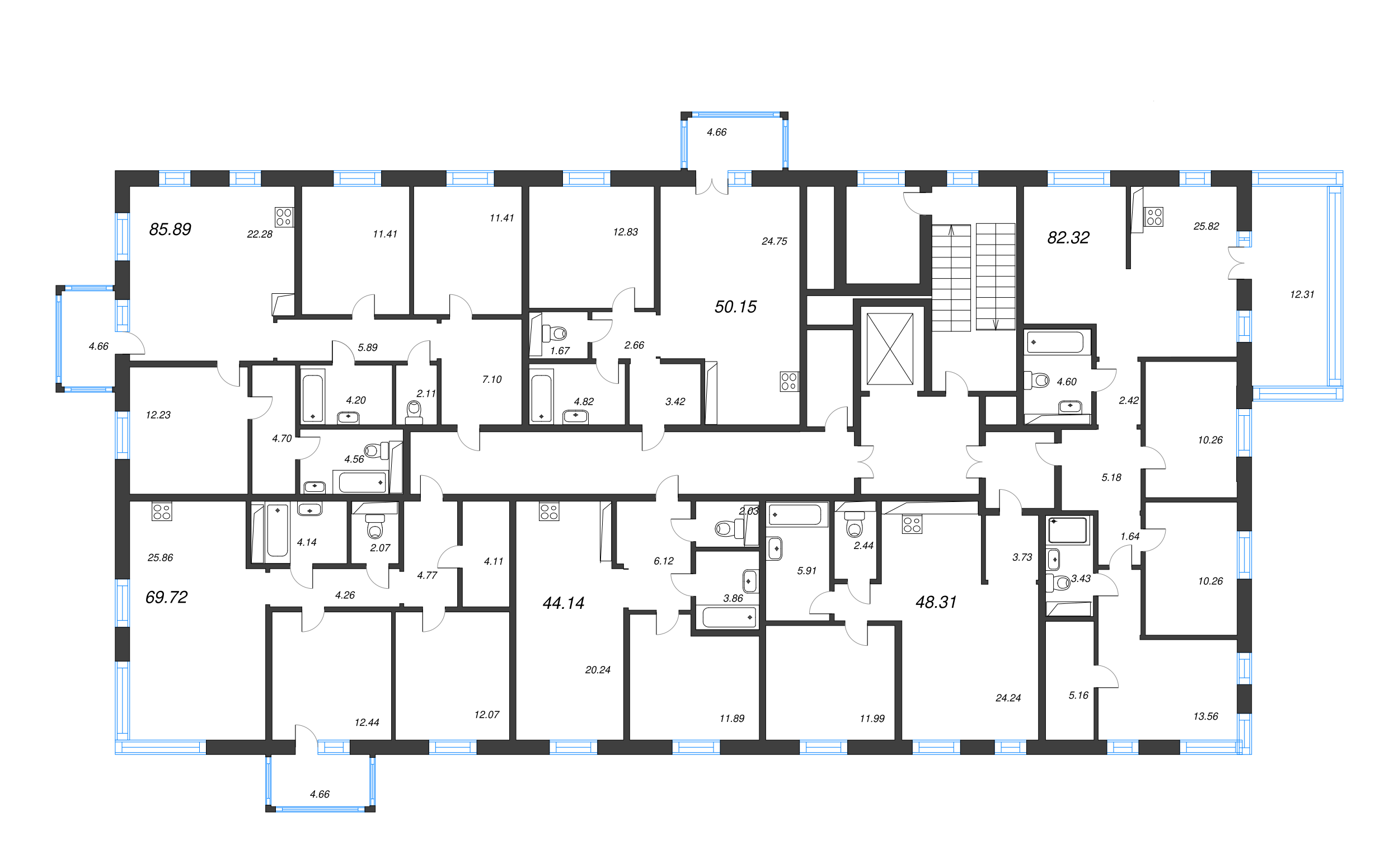 2-комнатная (Евро) квартира, 44.14 м² - планировка этажа