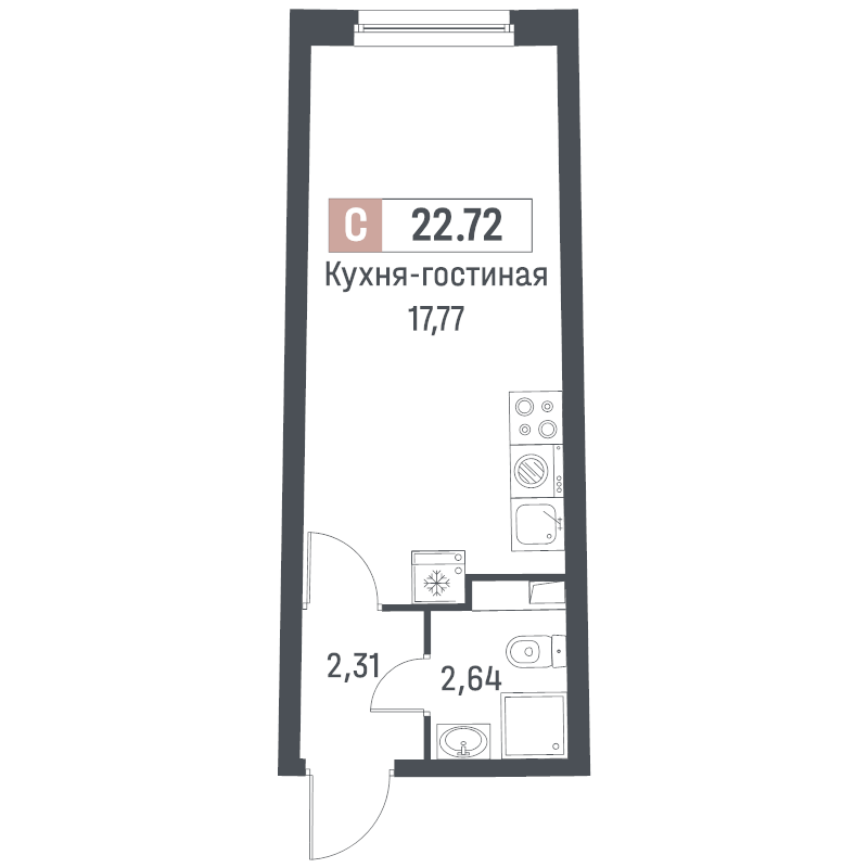Квартира-студия, 22.72 м² в ЖК "Авиатор" - планировка, фото №1