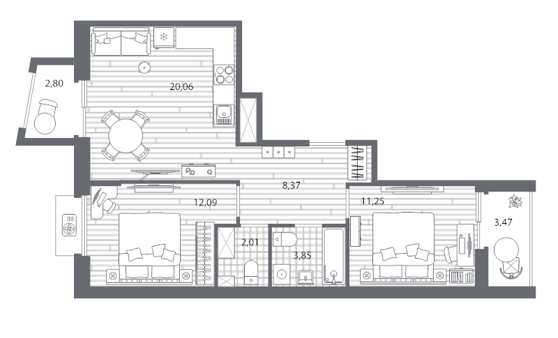 3-комнатная (Евро) квартира, 60.21 м² - планировка, фото №1