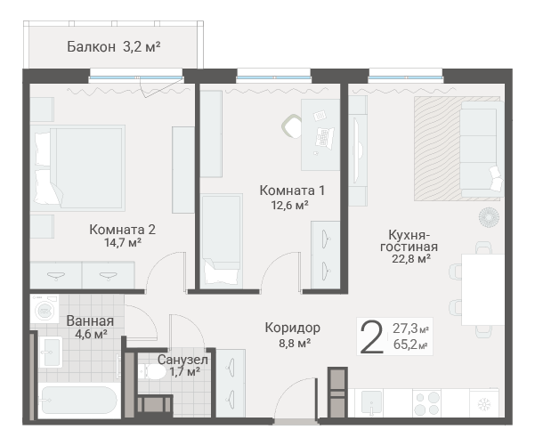 3-комнатная (Евро) квартира, 65.2 м² в ЖК "Руднева 15" - планировка, фото №1