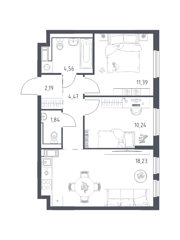 3-комнатная (Евро) квартира, 52.98 м² в ЖК "Новое Колпино" - планировка, фото №1