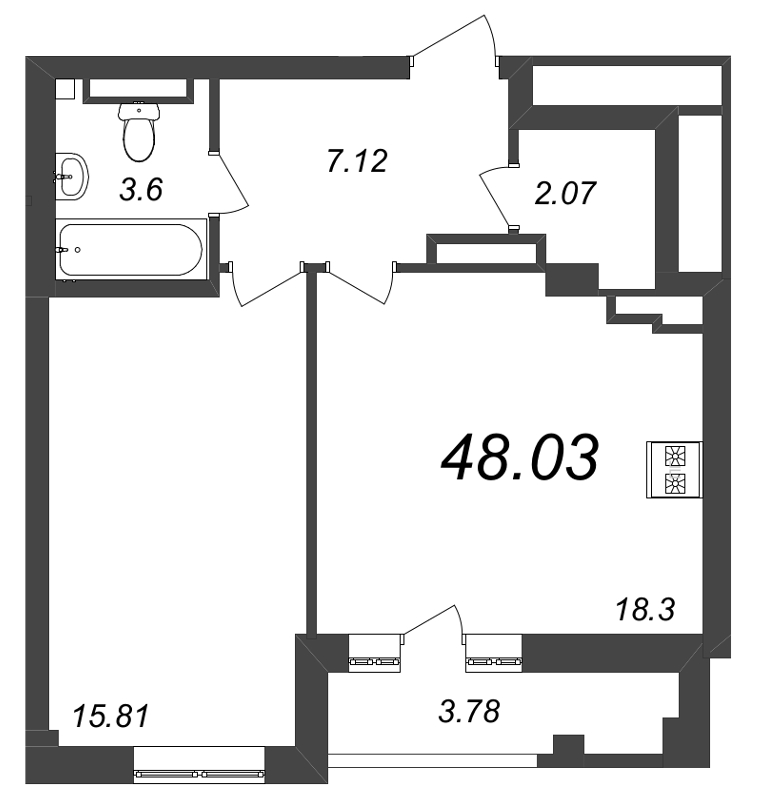 2-комнатная (Евро) квартира, 48.4 м² в ЖК "Neva Residence" - планировка, фото №1