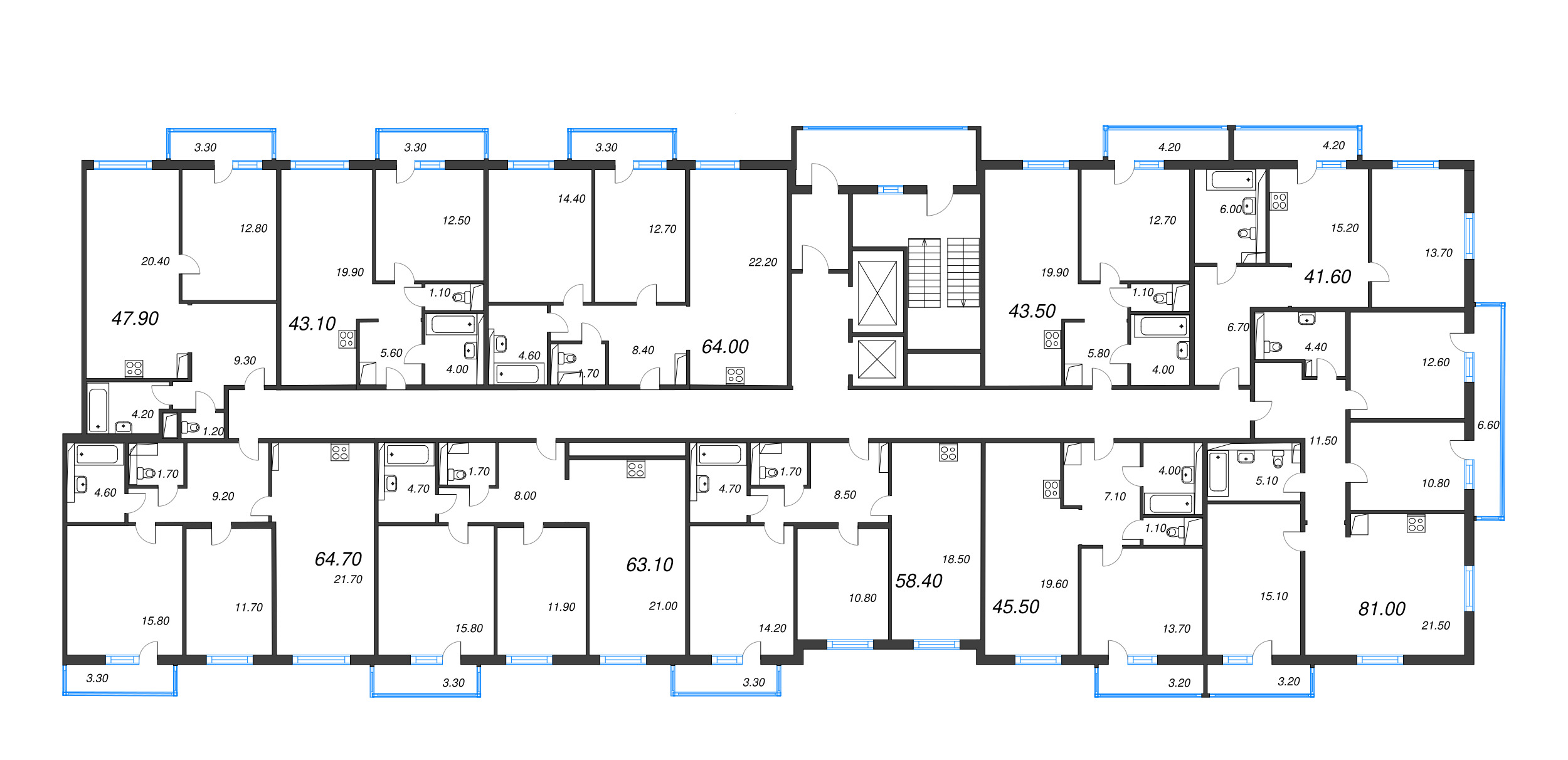 3-комнатная (Евро) квартира, 63.1 м² в ЖК "Руднева 15" - планировка этажа