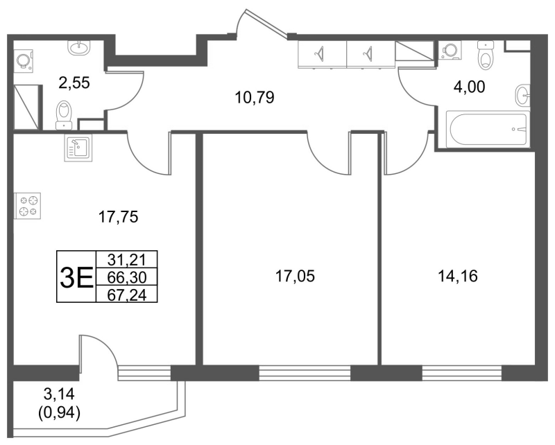 3-комнатная (Евро) квартира, 67.24 м² в ЖК "Лето" - планировка, фото №1