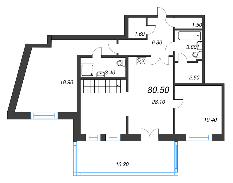 2-комнатная квартира, 107.5 м² - планировка, фото №1