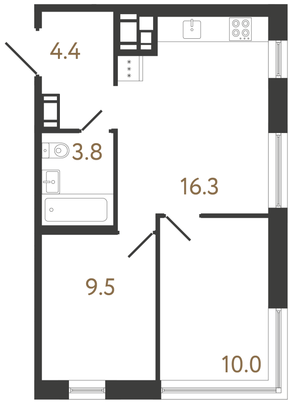 3-комнатная (Евро) квартира, 44 м² в ЖК "Передвижники 2" - планировка, фото №1