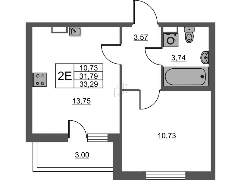 2-комнатная (Евро) квартира, 33.29 м² - планировка, фото №1