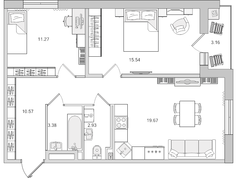 3-комнатная (Евро) квартира, 66.52 м² в ЖК "Город Первых" - планировка, фото №1