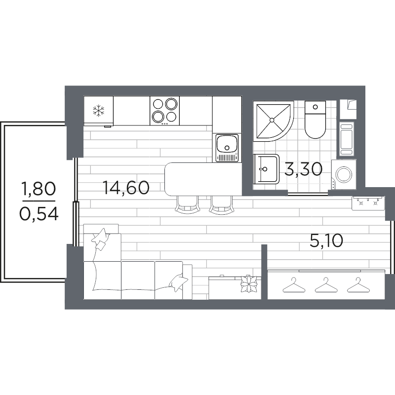 Квартира-студия, 23.54 м² в ЖК "PLUS Пулковский" - планировка, фото №1