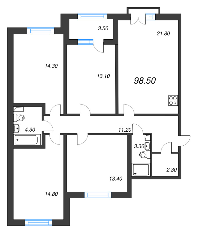 5-комнатная (Евро) квартира, 98.5 м² - планировка, фото №1